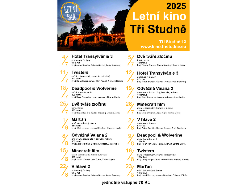 LETNÍ KINO ALTÁNEK TŘI STUDNĚ - ČERVENEC, SRPEN 2025