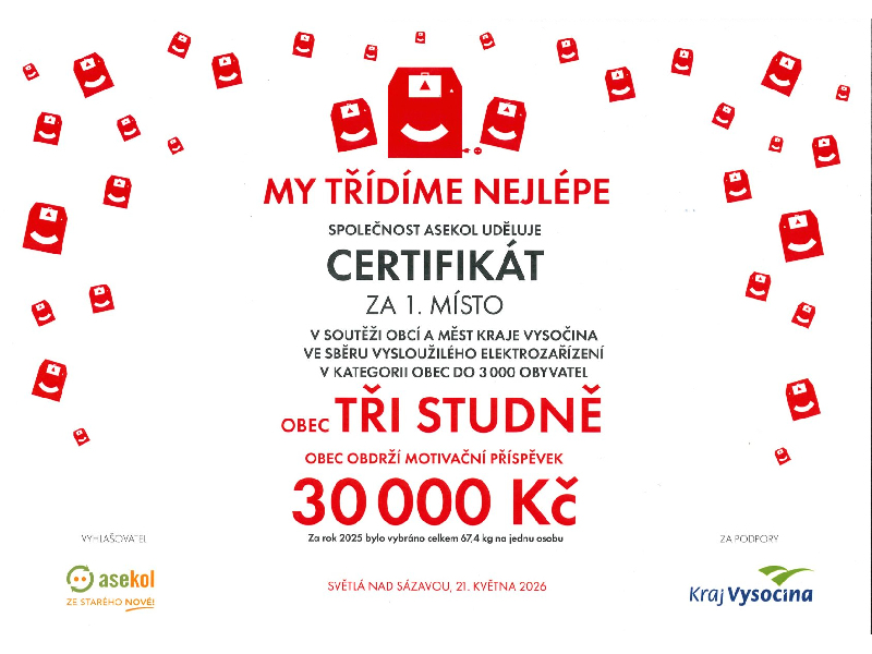 Certifikát za sběr vysloužilých elektrozařízení